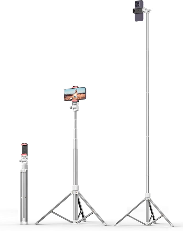 71'' Phone Tripod Stand, Extendable Reinforced Aluminum Phone Stand with Wireless Remote, Stable Cellphone Tripod Compatible with iPhone 14/13/12 Galaxy S23/S22 Huawei (White)