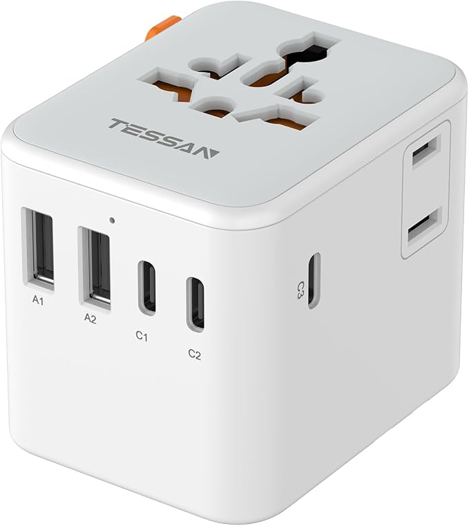 TESSAN Universal Travel Adapter, International Power Adapter | Extra 2 Prong AC Outlet, 5 USB Ports (3 USB C), 28W, Worldwide Plug for US to Europe UK Australia Ireland, Type C G A I