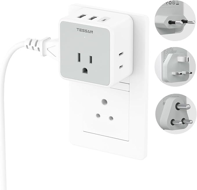 TESSAN European UK India Travel Plug Adapter Kit | International Detachable, 3 Outlet 3 USB (1 USB C), Type C/G/D EU Power Adaptor