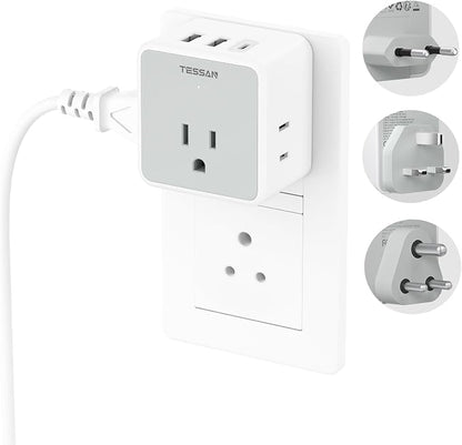 TESSAN European UK India Travel Plug Adapter Kit | International Detachable, 3 Outlet 3 USB (1 USB C), Type C/G/D EU Power Adaptor