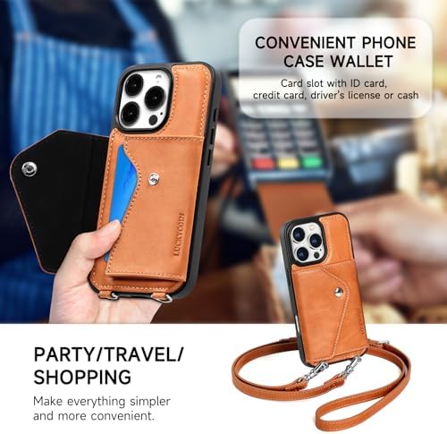 LUCKYCOIN for iPhone 16 Pro Crossbody Wallet Case – Genuine Leather Phone Purse with Adjustable Strap and Card Holder,Lanyard Phone Purse Case for Women,Vintage Brown