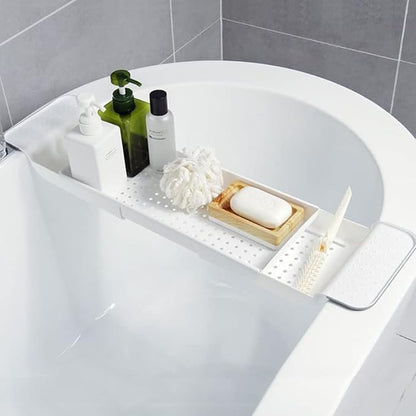 Bathtub Tray Expandable Bath Caddy Storage Rack Multifunctional Bathtub Tub Organizer for Deposit Wash Supplies,Book,Wine,Phone,Bathroom,Shower (White)