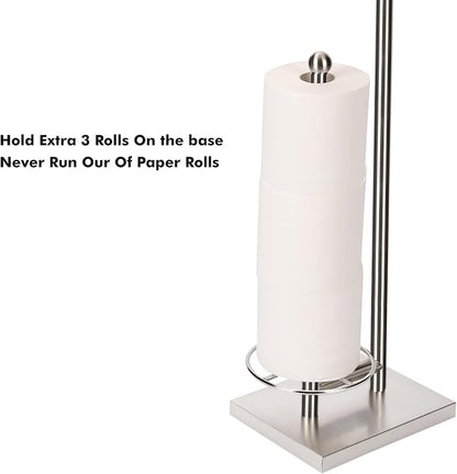 Toilet Paper Holder with Tray at The Top, Heavy-Weighted Stainless Steel Base No Wobbly, Freestanding Toilet Paper Rolls Stand, Hold Extra 3 Paper Rolls On The Base (Brushed Nickel)
