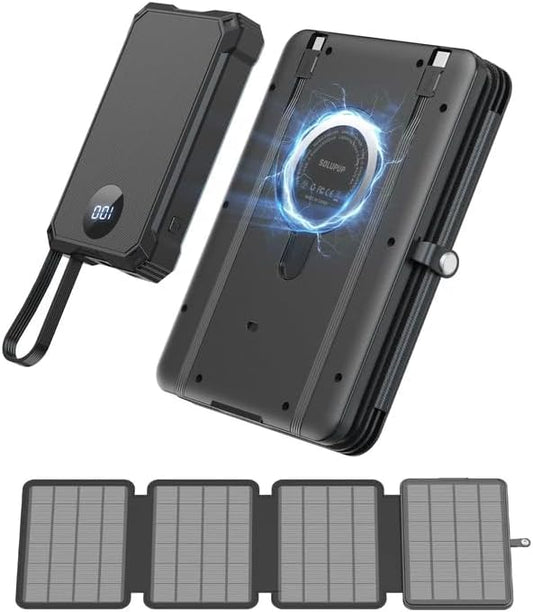 10000mAh Detachable Solar Power Bank, 14W Foldable Solar Charger, 5-Port Fast Charging Portable Battery Pack, Compact & Lightweight for Hiking, Cycling, and Everyday Emergency Power