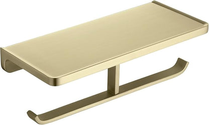 Dual Roll Toilet Paper Holder with Phone Shelf, Solid Metal Bathroom Accessory Tissue Dispenser Storage Wall Mounted, Spot Resist, Brushed Gold