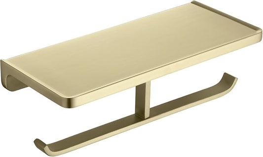Dual Roll Toilet Paper Holder with Phone Shelf, Solid Metal Bathroom Accessory Tissue Dispenser Storage Wall Mounted, Spot Resist, Brushed Gold