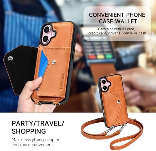 LUCKYCOIN for iPhone 16 Crossbody Wallet Case – Genuine Leather Phone Purse with Adjustable Strap and Card Holder,Lanyard Phone Purse Case for Women,Vintage Brown