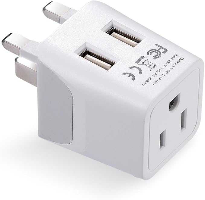 Ceptics Type G Travel Adapter - Canada to UK, Ireland & UAE Grounded Plug Adapter with Dual USB Ports for Electronic Devices (CTU-7) | UK Plug Adapter for Travel, UK Adapters for Travel from USA & Canada, Grounded Charger Adapter for Phones & Electronics