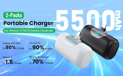[2-Pack]Mini Portable Charger for iPhone 17/16, 5500mAh LCD Display USB C Power Bank,Fast Phone Charging Travel Pocket Size Battery Pack for iPhone 17/17 Pro/17 Pro Max/Air/16/15 Series,Android,etc