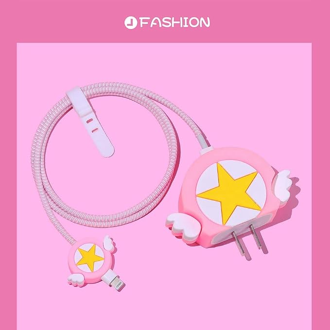 AUGEN Polyvinyl Chloride Cartoon 3D Design Protective Case for 20W iPhone USB-C Power Adapter Charger, Cute Cartoon Lightning Data Cable Case for iPhone Charger (Pink Star, Pack of 1)