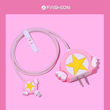 AUGEN Polyvinyl Chloride Cartoon 3D Design Protective Case for 20W iPhone USB-C Power Adapter Charger, Cute Cartoon Lightning Data Cable Case for iPhone Charger (Pink Star, Pack of 1)