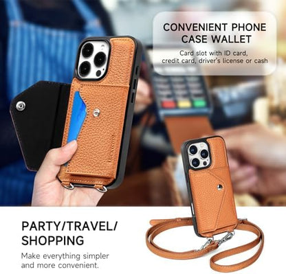 LUCKYCOIN for iPhone 16 Pro Crossbody Wallet Case – Genuine Leather Phone Purse with Adjustable Strap and Card Holder,Lanyard Phone Purse Case for Women,Pebble Grain Brown