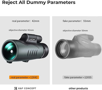 K&F Concept HD 12X42 Monocular Telescope for Smartphone, High Power Monoculars for Adults, BAK4 Prism IP68 Waterproof Compact Monocular Scope for Bird Watching Hunting with Hand Strap