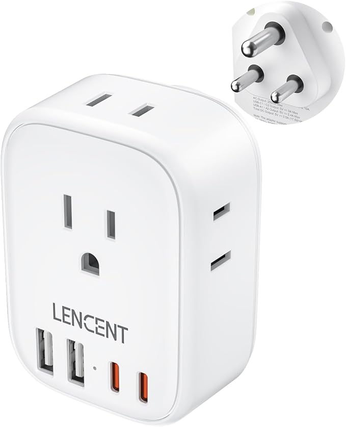 LENCENT US to India Power Plug Adapter, Indian Travel Adapter | 4 Outlets, 4 USB Ports(2 USB C), Type D Plug Converter for USA to India Nepal Bangladesh Maldives Pakistan, Safe Grounded