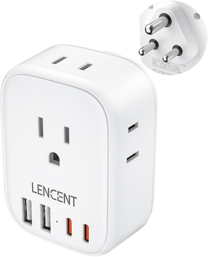 LENCENT US to India Power Plug Adapter, Indian Travel Adapter | 4 Outlets, 4 USB Ports(2 USB C), Type D Plug Converter for USA to India Nepal Bangladesh Maldives Pakistan, Safe Grounded