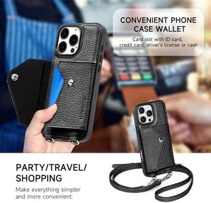 LUCKYCOIN for iPhone 16 Pro Max Crossbody Wallet Case – Genuine Leather Phone Purse with Adjustable Strap and Card Holder,Lanyard Phone Purse Case for Women,Pebble Grain Black