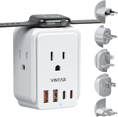 European Travel Plug Adapter Kit, VINTAR International Power Adapter for Apple Watch Charger with 3 AC Outlets 4 USB Ports (2 USB C), Type A/C/G/E/F/L Detachable Plugs, US to Europe UK Italy Spain