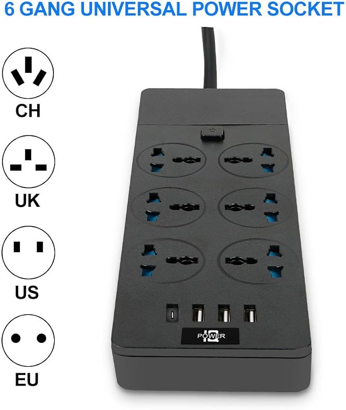 Universal Power Strip with 6 Oulets, 3 USB and 1 Type C, 6.5ft Extension Cord 3000W Universal Power Strip Surge Protector 110V-250V Extension Lead for Home Office Dorm Room (Black)
