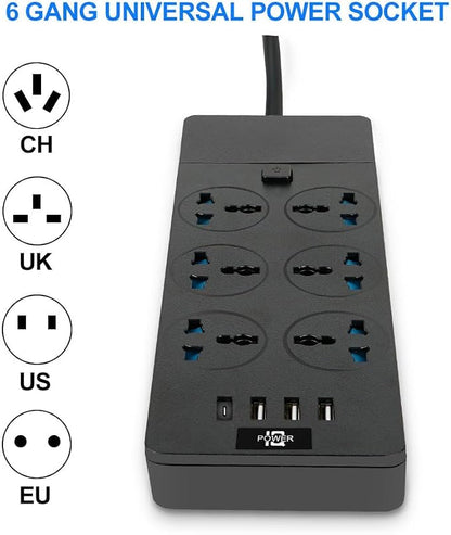Universal Power Strip with 6 Oulets, 3 USB and 1 Type C, 6.5ft Extension Cord 3000W Universal Power Strip Surge Protector 110V-250V Extension Lead for Home Office Dorm Room (Black)