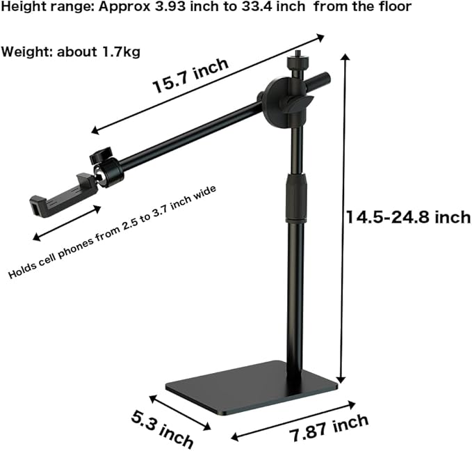 Overhead Phone and Camera Mount Stand for YouTube Live Video Cooking Makeup and Crafts - Compatible with iPhone Logitech Webcam