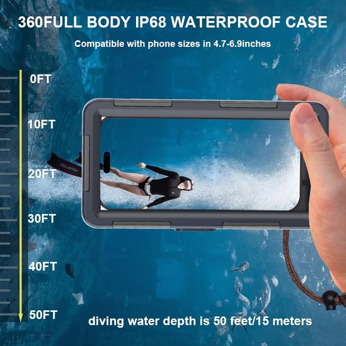 2026 Underwater Snorkeling Diving Phone Case for Phone 17/16/15/14/13/12Pro Max/Galaxy S25/S24/S23.(50ft/15m) Professional Scuba Dive Waterproof Case Underwater Photo Video（Blue）