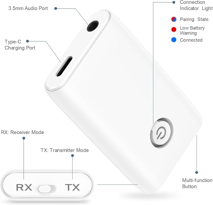 Upgraded Bluetooth 5.3 Transmitter Receiver, 2 in 1 Wireless Bluetooth Adapter, Portable Aux Adapter for Car, Audio Receiver for Laptop, Radio, Headphones, Speakers, TV, White