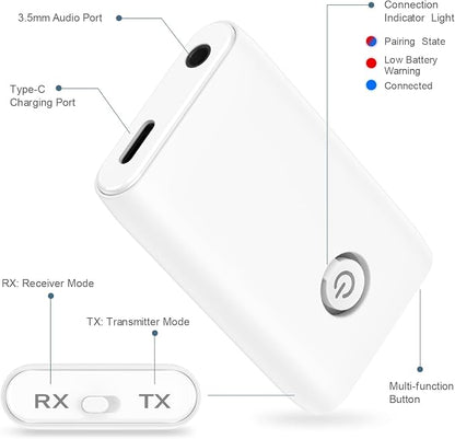 Upgraded Bluetooth 5.3 Transmitter Receiver, 2 in 1 Wireless Bluetooth Adapter, Portable Aux Adapter for Car, Audio Receiver for Laptop, Radio, Headphones, Speakers, TV, White