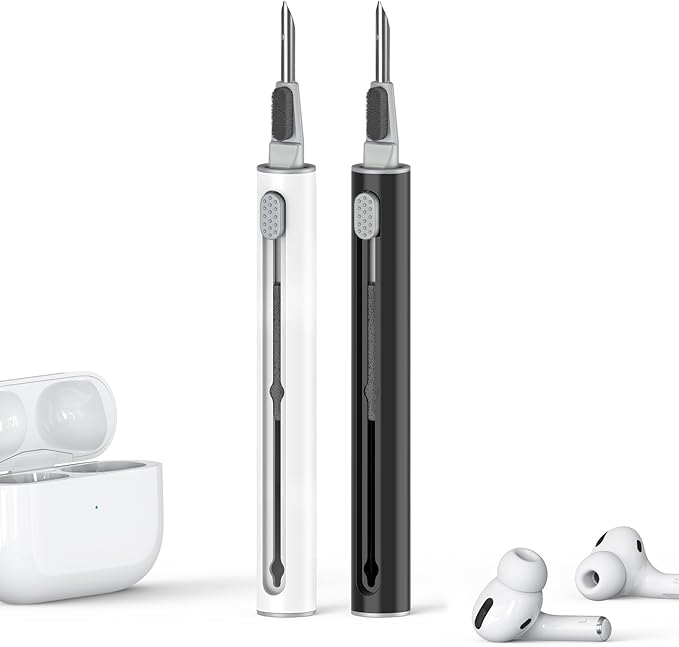 【2 Pack】 Cleaner Kit for AirPods Pro 1 2 3 Earbuds,Cleaning Kit Pen Shape with Soft Brush Flocking Sponge Tool for Bluetooth Earphones Headphones Charging Case,Phone,Camera and Computer(White+Black)