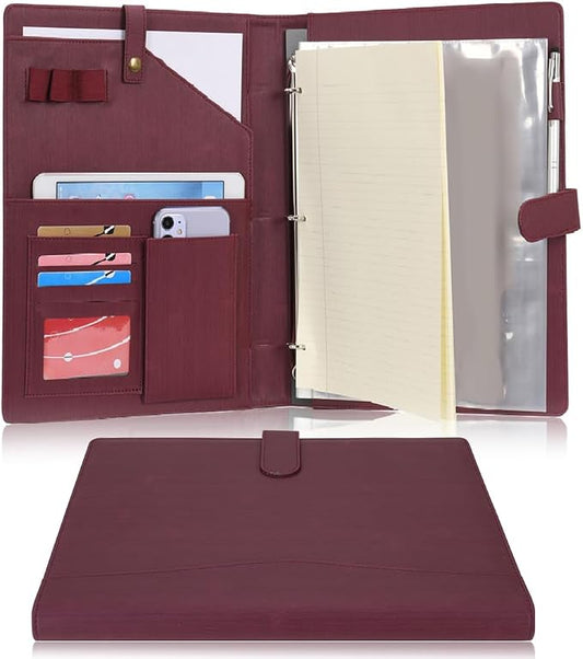 Wonderpool A4 PU Leather Portfolio Holder Ring File Document Case with Removable Binder Clipboard, Multi Pocket and Legal Pad for Business Organizer Interview and Meeting (Wine red)