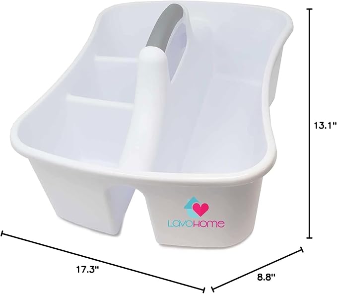 LavoHome Bath Caddie White - Totes with Divided Compartments and Handles for Organizing, Storing & Carrying Cleaning Supplies and Bathroom Accessories (Large Cleaning Caddy)