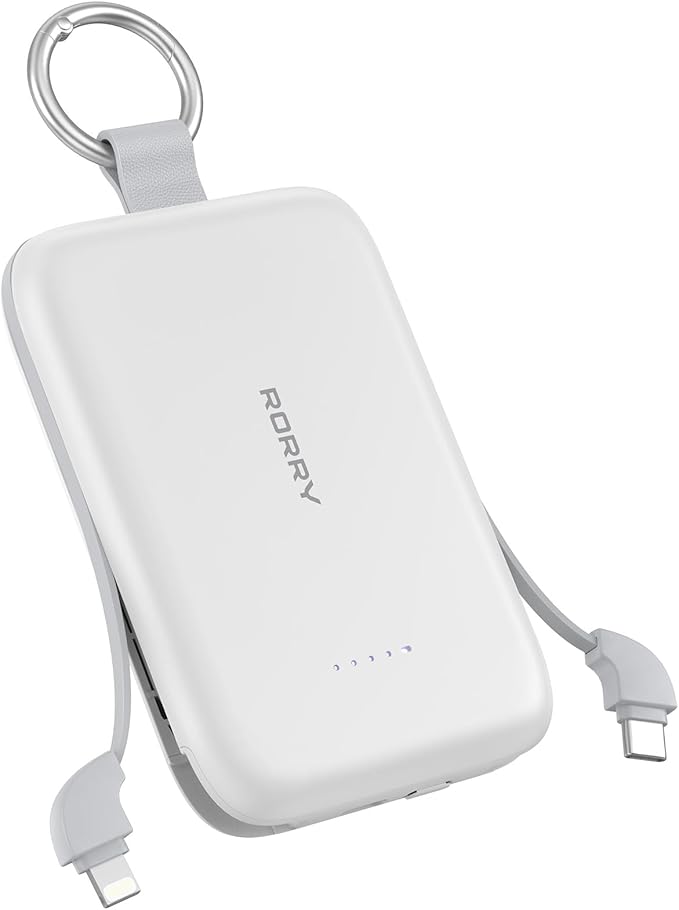 RORRY Portable Charger, 10000mAh PD 30W Fast Charging Portable Charger Power Bank with Built-in Cables, Travel Keychain Charger Battery Pack for iPhone 17/16/15/14/13/12, for AirPods 2/3/4/Pro, White