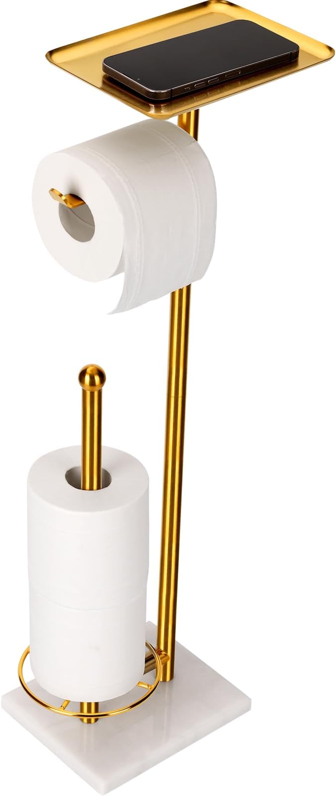 Toilet Paper Holder with Tray at The Top, Sturdy Marble Base No Wobby, Holding Extra 3 Toilet Paper Rolls As Spare Use, Freestanding No Drilling (Gold)