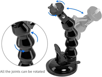 Flexible Gooseneck Extension Suction Cup Car Mount Holder with Phone Holder for Gopro Hero 13/12/11/10, DJI Osmo Action 6/5 Pro/4/3 and More Action Cameras, iPhone 16/15/14/13, Samsung and More Phones