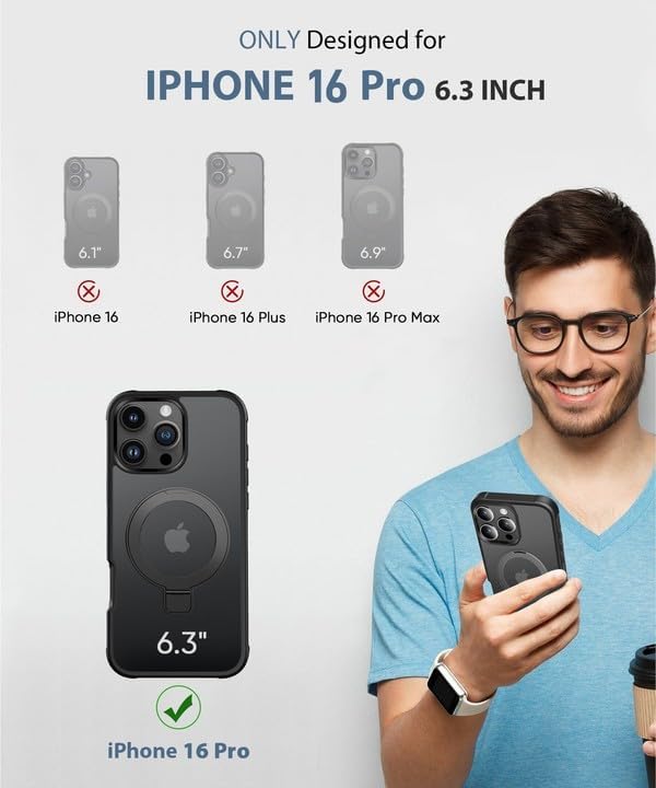for iPhone 16 Pro Case, with Screen Protector + Camera Lens Protector, Built-in Seamless Stand, [Compatible with MagSafe] Protective Shockproof Phone Case, Matte Back Cover for 6.3" - Black