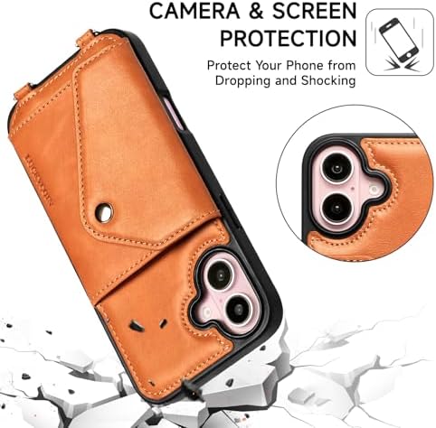 LUCKYCOIN for iPhone 16 Plus Crossbody Wallet Case – Genuine Leather Phone Purse with Adjustable Strap and Card Holder,Lanyard Phone Purse Case for Women,Vintage Brown