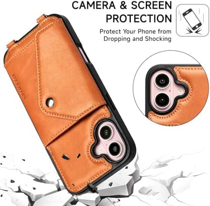 LUCKYCOIN for iPhone 16 Plus Crossbody Wallet Case – Genuine Leather Phone Purse with Adjustable Strap and Card Holder,Lanyard Phone Purse Case for Women,Vintage Brown