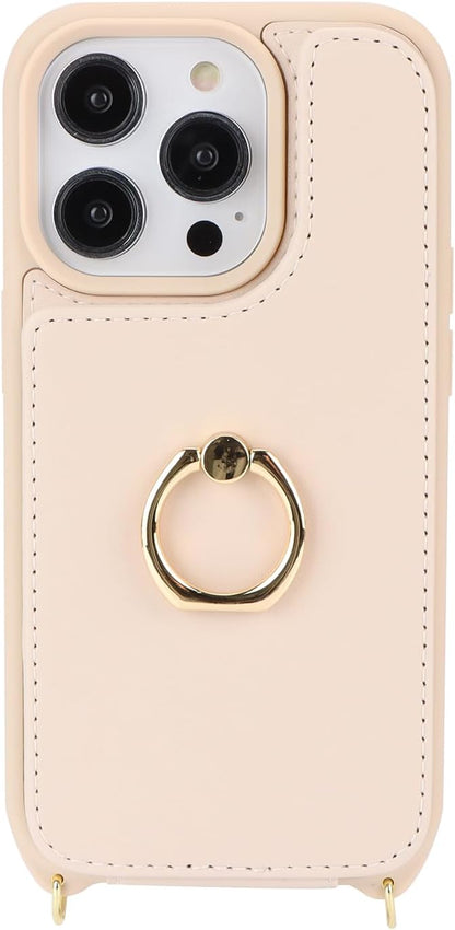Lipvina for iPhone 13 Case with Card Holder for Women,Crossbody Strap Lanyard,Credit Card Holder,Ring Stand,Snap Clasp,Wallet Case 6.1 inch (Beige)