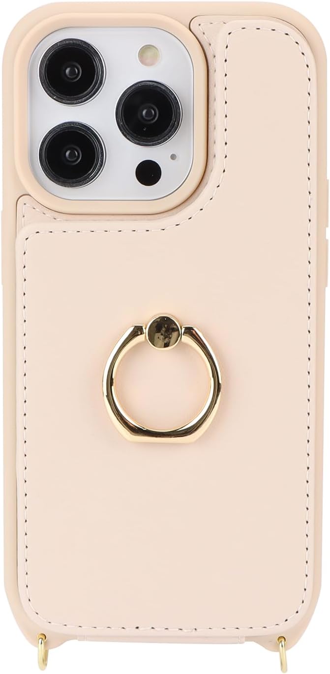 Lipvina for iPhone 14 Pro Case with Card Holder for Women,Phone Case with Strap,Crossbody Lanyard,RFID Blocking,Ring Stand,Snap Clasp,Cute Wallet Cases 6.1 inch (Beige)