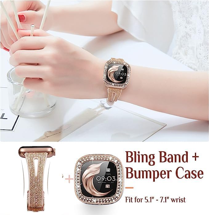 Bling Thin Band for Fitbit Sense/Versa 3 Bands for Women - Silicone Glitter Strap Accessories Compatible with Fitbit Sense 2/Versa 4 (Rose Gold)