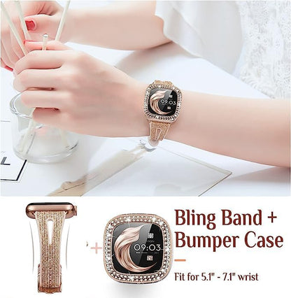 Bling Thin Band for Fitbit Sense/Versa 3 Bands for Women - Silicone Glitter Strap Accessories Compatible with Fitbit Sense 2/Versa 4 (Rose Gold)