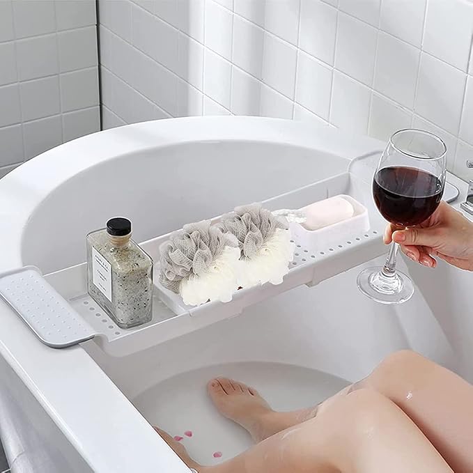 Bathtub Caddy Tray, Expandable Bath Shelf, Adjustable Size from 21.9 to 31 inches Plastic Bathtub Storage Rack, Bathtub Accessories & Bathroom Gadgets, Bath Tub Tray for Kitchen Bathroom (White)