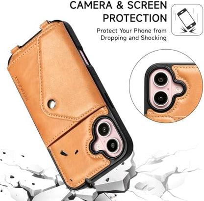 LUCKYCOIN for iPhone 16 Crossbody Wallet Case – Genuine Leather Phone Purse with Adjustable Strap and Card Holder,Lanyard Phone Purse Case for Women,Vintage Tan