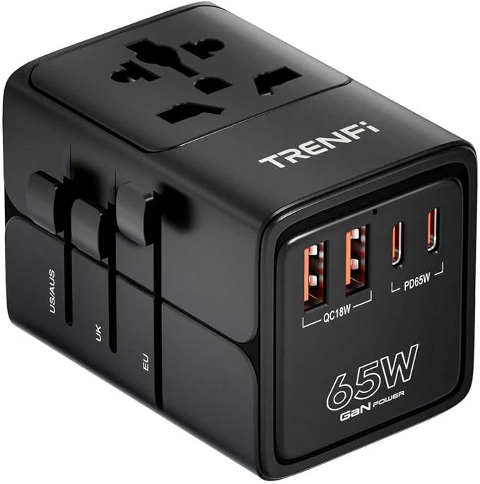 TRENFI 65W GaN Universal Travel Adapter USB C Charger | Type A Port, AC Outlet, PD3.0 QC3.0 Fast Charge, Dual Voltage Check, Laptop Phone Tablet, Cruise Hotel Carry On