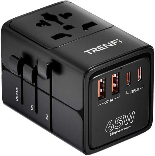 TRENFI 65W GaN Universal Travel Adapter USB C Charger | Type A Port, AC Outlet, PD3.0 QC3.0 Fast Charge, Dual Voltage Check, Laptop Phone Tablet, Cruise Hotel Carry On