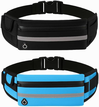 Running Belt 2 Pack – No Bounce Waterproof Fanny Pack for Men & Women, Slim Waist Pack with 3 Pockets, Reflective Running Belt for Phone, Jogging, Hiking, Travel, Workout