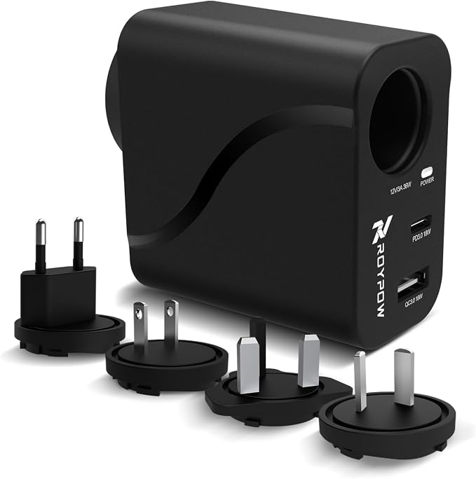RoyPow AC to DC Converter, 110V/120V to12V Converter, 36W USB C Charger with Car Cigarette Lighter Socket, 3-Ports Wall Charger 18W PD3.0 Travel Plug 110V/120V to 12V/3A Power Adapter for iPhone, iPad