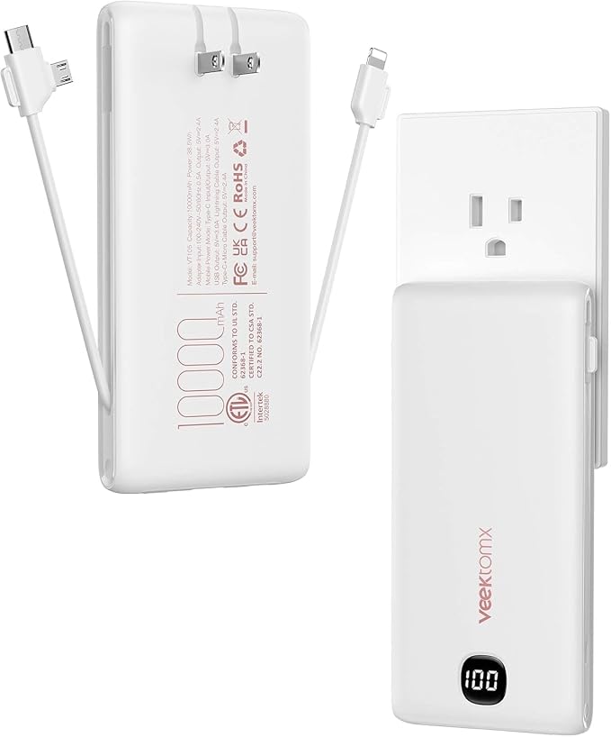 VEEKTOMX Portable Charger with Built in Cables 10000mAh, Power Bank for iPhone with Wall Plug, Travel Essential Fast Charging Slim USB C External Battery Pack for iPhone 17/16/15, Samsung, iPad, etc