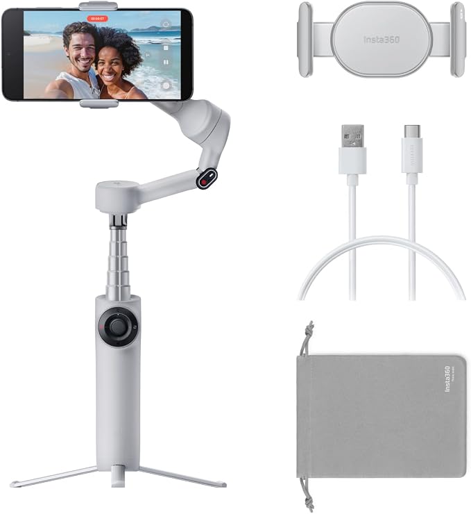 Insta360 Flow 2 Grey - Foldable AI Gimbal for iPhone, AI Tracking, Multi-Person Tracking, Built-in Tripod/Selfie Stick, Remote Control, iPhone/Android Portable Stabilizer