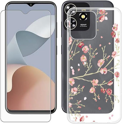 Cover for ZTE Blade A73 (6.52 inch) Case + Screen Protector，Tempered Glass 9H Hardness Protective Film and Soft Silicone Bumper Shell Transparent TPU Phone case -Peach Blossom