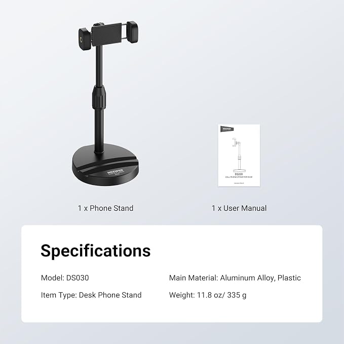 NEEWER ENTRY LEVEL VERSION Cell Phone Stand for Desk, Adjustable Office Bed Table Phone Holder Mount Compatible with iPhone Samsung Android for Video Recording Filming, 360° Rotation & 90° Tilt, DS030